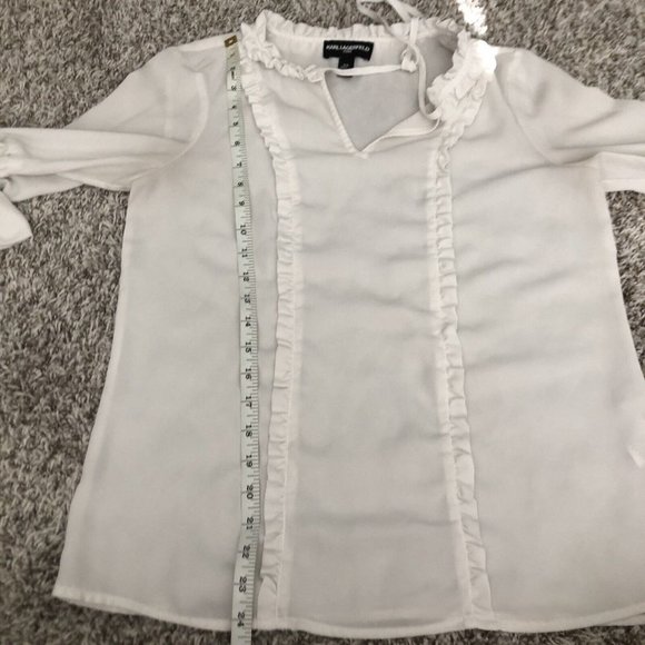 Karl Lagerfeld White 3/4 Bell Sleeve Ruffle Tie Neck Blouse Top Women's Sz XS - Picture 7 of 9